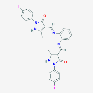 molecular formula C28H22I2N6O2 B408958 2-(4-iodophenyl)-4-{[2-({[1-(4-iodophenyl)-3-methyl-5-oxo-1,5-dihydro-4H-pyrazol-4-ylidene]methyl}amino)anilino]methylene}-5-methyl-2,4-dihydro-3H-pyrazol-3-one 