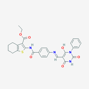 molecular formula C29H26N4O6S B408962 ethyl 2-[(4-{[(2,4,6-trioxo-1-phenyltetrahydro-5(2H)-pyrimidinylidene)methyl]amino}benzoyl)amino]-4,5,6,7-tetrahydro-1-benzothiophene-3-carboxylate 
