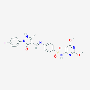 molecular formula C23H21IN6O5S B408964 (Z)-N-(2,6-dimethoxypyrimidin-4-yl)-4-((1-(4-iodophenyl)-3-methyl-5-oxo-1H-pyrazol-4(5H)-ylidene)methylamino)benzenesulfonamide 