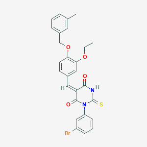 molecular formula C27H23BrN2O4S B408992 (5E)-1-(3-bromophenyl)-5-{3-ethoxy-4-[(3-methylbenzyl)oxy]benzylidene}-2-thioxodihydropyrimidine-4,6(1H,5H)-dione 