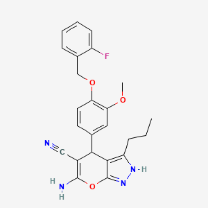 molecular formula C24H23FN4O3 B4089923 6-Amino-4-[4-[(2-fluorophenyl)methoxy]-3-methoxyphenyl]-3-propyl-2,4-dihydropyrano[2,3-c]pyrazole-5-carbonitrile 