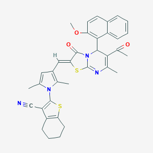 molecular formula C36H32N4O3S2 B408999 2-(3-{[6-acetyl-5-(2-methoxy-1-naphthyl)-7-methyl-3-oxo-5H-[1,3]thiazolo[3,2-a]pyrimidin-2(3H)-ylidene]methyl}-2,5-dimethyl-1H-pyrrol-1-yl)-4,5,6,7-tetrahydro-1-benzothiophene-3-carbonitrile 