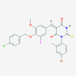 molecular formula C26H19BrClIN2O4S B409003 1-(4-bromo-2-methylphenyl)-5-{4-[(4-chlorobenzyl)oxy]-3-iodo-5-methoxybenzylidene}-2-thioxodihydro-4,6(1H,5H)-pyrimidinedione 