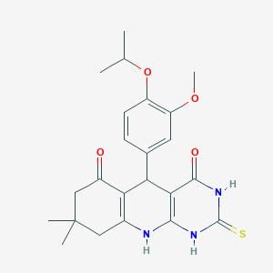 molecular formula C23H27N3O4S B4090086 5-[3-METHOXY-4-(PROPAN-2-YLOXY)PHENYL]-8,8-DIMETHYL-2-SULFANYLIDENE-1H,2H,3H,4H,5H,6H,7H,8H,9H,10H-PYRIMIDO[4,5-B]QUINOLINE-4,6-DIONE 