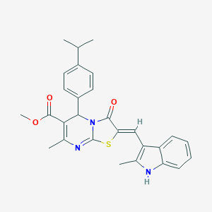 molecular formula C28H27N3O3S B409028 methyl 5-(4-isopropylphenyl)-7-methyl-2-[(2-methyl-1H-indol-3-yl)methylene]-3-oxo-2,3-dihydro-5H-[1,3]thiazolo[3,2-a]pyrimidine-6-carboxylate 