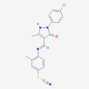 molecular formula C19H15ClN4OS B409082 4-({[1-(4-chlorophenyl)-3-methyl-5-oxo-1,5-dihydro-4H-pyrazol-4-ylidene]methyl}amino)-3-methylbenzenesulfenyl cyanide 