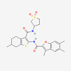 molecular formula C26H30N2O5S2 B4091281 N-(3-{[(1,1-dioxidotetrahydro-3-thienyl)amino]carbonyl}-6-methyl-4,5,6,7-tetrahydro-1-benzothien-2-yl)-3,5,6-trimethyl-1-benzofuran-2-carboxamide 