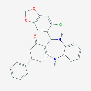 molecular formula C26H21ClN2O3 B409170 6-(6-Chloro-1,3-benzodioxol-5-yl)-9-phenyl-5,6,8,9,10,11-hexahydrobenzo[b][1,4]benzodiazepin-7-one 