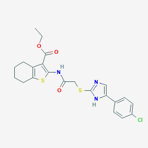 molecular formula C22H22ClN3O3S2 B409181 ethyl 2-[[2-[[5-(4-chlorophenyl)-1H-imidazol-2-yl]sulfanyl]acetyl]amino]-4,5,6,7-tetrahydro-1-benzothiophene-3-carboxylate 