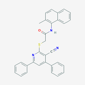 molecular formula C31H23N3OS B409182 2-[(3-cyano-4,6-diphenyl-2-pyridinyl)sulfanyl]-N-(2-methyl-1-naphthyl)acetamide 