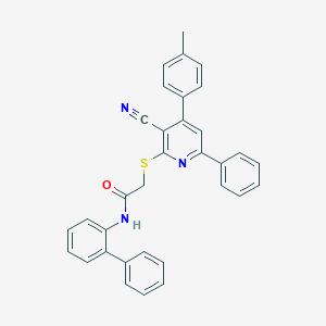 molecular formula C33H25N3OS B409212 N-Biphenyl-2-yl-2-(3-cyano-6-phenyl-4-p-tolyl-pyridin-2-ylsulfanyl)-acetamide CAS No. 332127-77-2