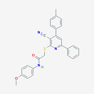 molecular formula C28H23N3O2S B409223 2-((3-Cyano-6-phenyl-4-(p-tolyl)pyridin-2-yl)thio)-N-(4-methoxyphenyl)acetamide CAS No. 332128-10-6