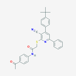 molecular formula C32H29N3O2S B409225 N-(4-acetylphenyl)-2-[4-(4-tert-butylphenyl)-3-cyano-6-phenylpyridin-2-yl]sulfanylacetamide CAS No. 332128-22-0