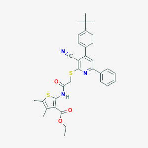molecular formula C33H33N3O3S2 B409228 Ethyl 2-[({[4-(4-tert-butylphenyl)-3-cyano-6-phenyl-2-pyridinyl]sulfanyl}acetyl)amino]-4,5-dimethyl-3-thiophenecarboxylate 