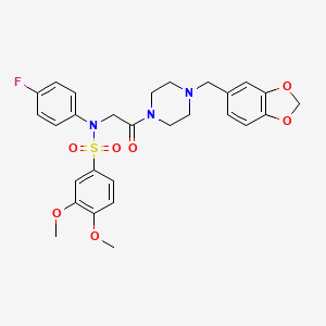 molecular formula C28H30FN3O7S B4092823 N-[2-(4-Benzo[1,3]dioxol-5-ylmethyl-piperazin-1-yl)-2-oxo-ethyl]-N-(4-fluoro-phenyl)-3,4-dimethoxy-benzenesulfonamide 