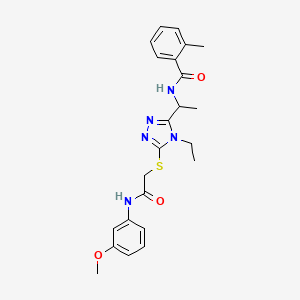 molecular formula C23H27N5O3S B4093434 N-{1-[4-ethyl-5-({2-[(3-methoxyphenyl)amino]-2-oxoethyl}sulfanyl)-4H-1,2,4-triazol-3-yl]ethyl}-2-methylbenzamide 