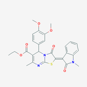 molecular formula C27H25N3O6S B409348 ethyl (2Z)-5-(3,4-dimethoxyphenyl)-7-methyl-2-(1-methyl-2-oxoindol-3-ylidene)-3-oxo-5H-[1,3]thiazolo[3,2-a]pyrimidine-6-carboxylate CAS No. 324542-81-6