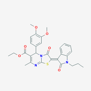 molecular formula C29H29N3O6S B409354 ethyl (2Z)-5-(3,4-dimethoxyphenyl)-7-methyl-3-oxo-2-(2-oxo-1-propylindol-3-ylidene)-5H-[1,3]thiazolo[3,2-a]pyrimidine-6-carboxylate CAS No. 324543-04-6