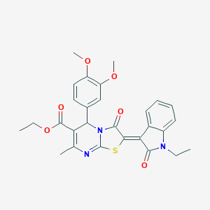 molecular formula C28H27N3O6S B409357 ethyl (2Z)-5-(3,4-dimethoxyphenyl)-2-(1-ethyl-2-oxo-1,2-dihydro-3H-indol-3-ylidene)-7-methyl-3-oxo-2,3-dihydro-5H-[1,3]thiazolo[3,2-a]pyrimidine-6-carboxylate 