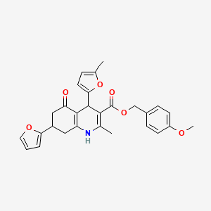 molecular formula C28H27NO6 B4094852 4-Methoxybenzyl 7-(furan-2-yl)-2-methyl-4-(5-methylfuran-2-yl)-5-oxo-1,4,5,6,7,8-hexahydroquinoline-3-carboxylate 