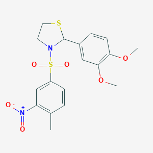 molecular formula C18H20N2O6S2 B409538 2-(3,4-Dimethoxyphenyl)-3-((4-methyl-3-nitrophenyl)sulfonyl)thiazolidine CAS No. 337353-79-4