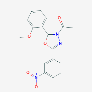 molecular formula C17H15N3O5 B409543 3-Acetyl-5-{3-nitrophenyl}-2-[2-(methyloxy)phenyl]-2,3-dihydro-1,3,4-oxadiazole 