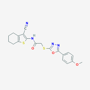 molecular formula C20H18N4O3S2 B409636 N-(3-cyano-4,5,6,7-tetrahydro-1-benzothien-2-yl)-2-{[5-(4-methoxyphenyl)-1,3,4-oxadiazol-2-yl]sulfanyl}acetamide 