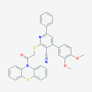 molecular formula C34H25N3O3S2 B409640 4-(3,4-Dimethoxyphenyl)-2-((2-oxo-2-(10H-phenothiazin-10-yl)ethyl)thio)-6-phenylnicotinonitrile CAS No. 337499-16-8