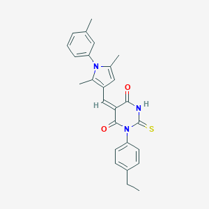 molecular formula C26H25N3O2S B409717 (5E)-5-{[2,5-dimethyl-1-(3-methylphenyl)-1H-pyrrol-3-yl]methylidene}-1-(4-ethylphenyl)-2-thioxodihydropyrimidine-4,6(1H,5H)-dione 