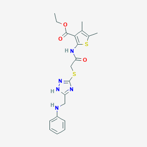 molecular formula C20H23N5O3S2 B409725 4,5-Dimethyl-2-[2-(5-phenylaminomethyl-2H-[1,2,4]triazol-3-ylsulfanyl)-acetylamino]-thiophene-3-carboxylic acid ethyl ester 