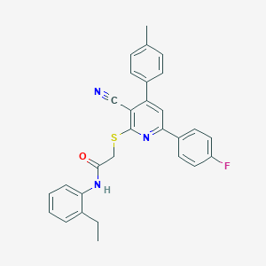 molecular formula C29H24FN3OS B409733 2-{[3-cyano-6-(4-fluorophenyl)-4-(4-methylphenyl)-2-pyridinyl]sulfanyl}-N-(2-ethylphenyl)acetamide 