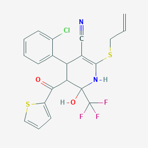 molecular formula C21H16ClF3N2O2S2 B409741 2-(Allylsulfanyl)-4-(2-chlorophenyl)-6-hydroxy-5-(2-thienylcarbonyl)-6-(trifluoromethyl)-1,4,5,6-tetrahydro-3-pyridinecarbonitrile 