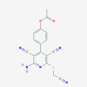 molecular formula C17H11N5O2S B409743 4-{2-Amino-3,5-dicyano-6-[(cyanomethyl)sulfanyl]-4-pyridinyl}phenyl acetate 