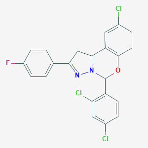 molecular formula C22H14Cl3FN2O B409804 9-Chloro-5-(2,4-dichlorophenyl)-2-(4-fluorophenyl)-1,10b-dihydropyrazolo[1,5-c][1,3]benzoxazine 