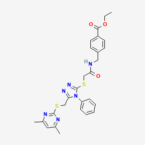 molecular formula C27H28N6O3S2 B4098076 ethyl 4-[({[(5-{[(4,6-dimethyl-2-pyrimidinyl)thio]methyl}-4-phenyl-4H-1,2,4-triazol-3-yl)thio]acetyl}amino)methyl]benzoate 