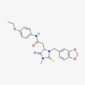 molecular formula C22H23N3O5S B4098196 2-[3-(2H-1,3-BENZODIOXOL-5-YLMETHYL)-1-METHYL-5-OXO-2-SULFANYLIDENEIMIDAZOLIDIN-4-YL]-N-(4-ETHOXYPHENYL)ACETAMIDE 