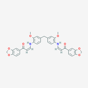 molecular formula C35H30N2O8 B409827 1-(1,3-Benzodioxol-5-yl)-3-[4-(4-{[3-(1,3-benzodioxol-5-yl)-3-oxo-1-propenyl]amino}-3-methoxybenzyl)-2-methoxyanilino]-2-propen-1-one 