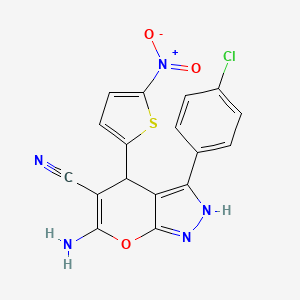 molecular formula C17H10ClN5O3S B4098950 6-Amino-3-(4-chlorophenyl)-4-(5-nitrothiophen-2-yl)-2,4-dihydropyrano[2,3-c]pyrazole-5-carbonitrile 