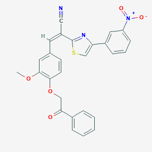 molecular formula C27H19N3O5S B409926 2-(4-{3-Nitrophenyl}-1,3-thiazol-2-yl)-3-[3-methoxy-4-(2-oxo-2-phenylethoxy)phenyl]acrylonitrile CAS No. 333414-59-8