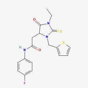 molecular formula C18H18FN3O2S2 B4099839 2-{1-ETHYL-5-OXO-2-SULFANYLIDENE-3-[(THIOPHEN-2-YL)METHYL]IMIDAZOLIDIN-4-YL}-N-(4-FLUOROPHENYL)ACETAMIDE 