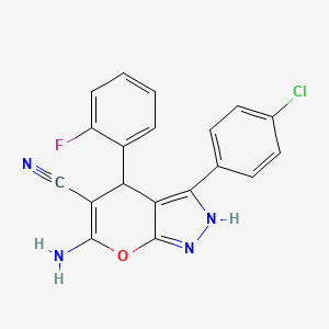 molecular formula C19H12ClFN4O B4100157 6-Amino-3-(4-chlorophenyl)-4-(2-fluorophenyl)-2,4-dihydropyrano[2,3-c]pyrazole-5-carbonitrile 