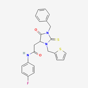 molecular formula C23H20FN3O2S2 B4100220 2-{1-BENZYL-5-OXO-2-SULFANYLIDENE-3-[(THIOPHEN-2-YL)METHYL]IMIDAZOLIDIN-4-YL}-N-(4-FLUOROPHENYL)ACETAMIDE 