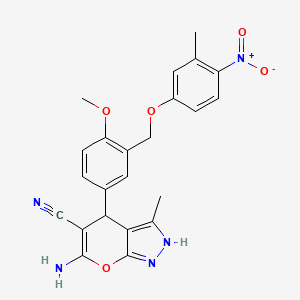 6-Amino-4-[4-methoxy-3-[(3-methyl-4-nitrophenoxy)methyl]phenyl]-3-methyl-2,4-dihydropyrano[2,3-c]pyrazole-5-carbonitrile