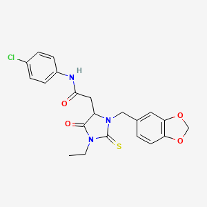 molecular formula C21H20ClN3O4S B4101278 2-[3-(1,3-benzodioxol-5-ylmethyl)-1-ethyl-5-oxo-2-thioxo-4-imidazolidinyl]-N-(4-chlorophenyl)acetamide 