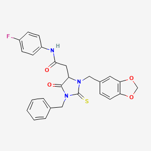 2-{3-[(2H-1,3-BENZODIOXOL-5-YL)METHYL]-1-BENZYL-5-OXO-2-SULFANYLIDENEIMIDAZOLIDIN-4-YL}-N-(4-FLUOROPHENYL)ACETAMIDE