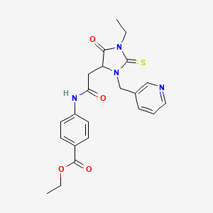 molecular formula C22H24N4O4S B4103807 ethyl 4-({[1-ethyl-5-oxo-3-(3-pyridinylmethyl)-2-thioxo-4-imidazolidinyl]acetyl}amino)benzoate 