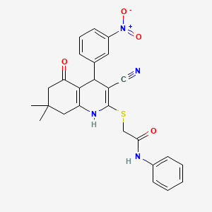 2-{[3-cyano-7,7-dimethyl-4-(3-nitrophenyl)-5-oxo-1,4,5,6,7,8-hexahydro-2-quinolinyl]thio}-N-phenylacetamide
