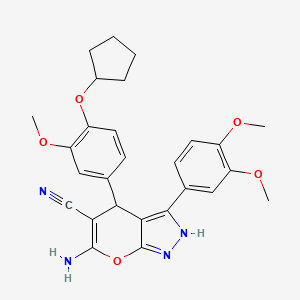 molecular formula C27H28N4O5 B4103993 6-amino-4-[4-(cyclopentyloxy)-3-methoxyphenyl]-3-(3,4-dimethoxyphenyl)-1,4-dihydropyrano[2,3-c]pyrazole-5-carbonitrile 