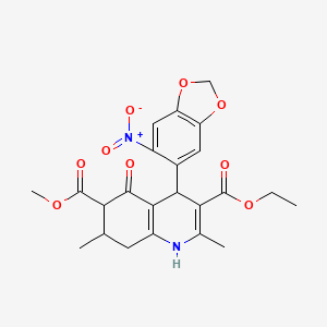 molecular formula C23H24N2O9 B4104399 3-ethyl 6-methyl 2,7-dimethyl-4-(6-nitro-1,3-benzodioxol-5-yl)-5-oxo-1,4,5,6,7,8-hexahydro-3,6-quinolinedicarboxylate 