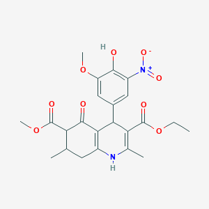 molecular formula C23H26N2O9 B4104861 3-ethyl 6-methyl 4-(4-hydroxy-3-methoxy-5-nitrophenyl)-2,7-dimethyl-5-oxo-1,4,5,6,7,8-hexahydro-3,6-quinolinedicarboxylate 